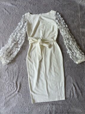 Ivory Midi Dress with 3D Floral Sheer Sleeves